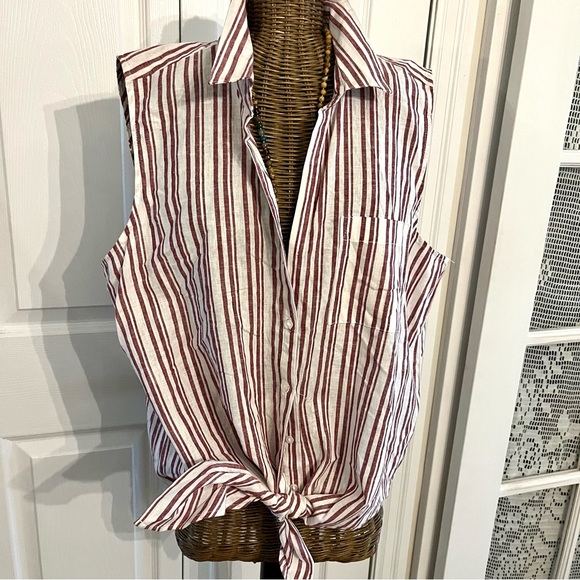 Sleeveless Tie Front ,Stripe Linen/Cotton Summer blouse , Sz XL - Picture 1 of 8